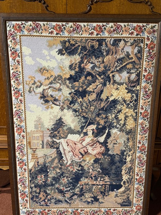 Vintage Framed Needlepoint Tapestry – Lady on Swing –