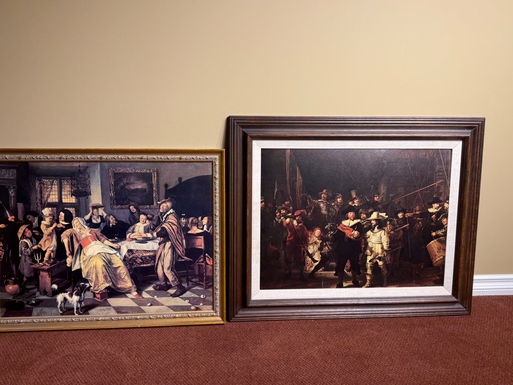 Pair of Framed Dutch Golden Age Art Reproductions – Jan Steen & Rembrandt