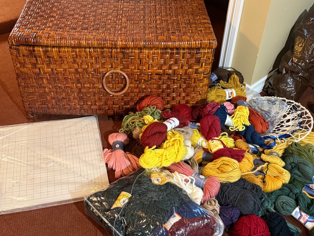 Wicker Sewing Trunk w/ Large Wool Yarn & Needlepoint Collection
