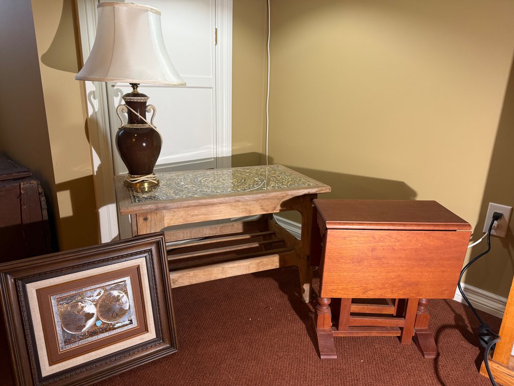 Vintage Furniture & Décor Collection – Drop-Leaf Table, Mosaic Tile Table, Porcelain Lamp & Framed World Map