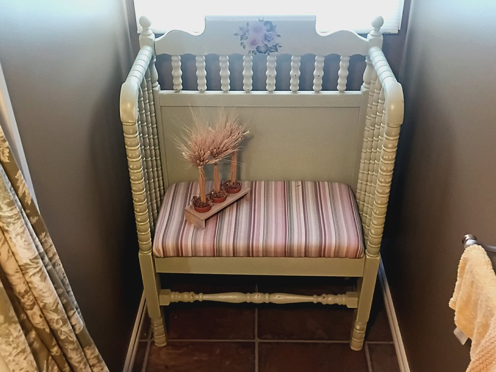 Vintage Painted Wood Spindle Bench with Floral Detail & Upholstered Seat