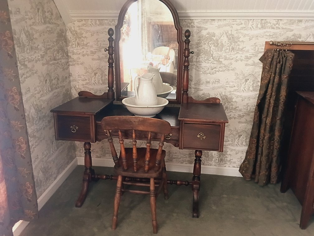 Vintage Wooden Vanity Dressing Table with Mirror, Chair & Ceramic Pitcher and Basin