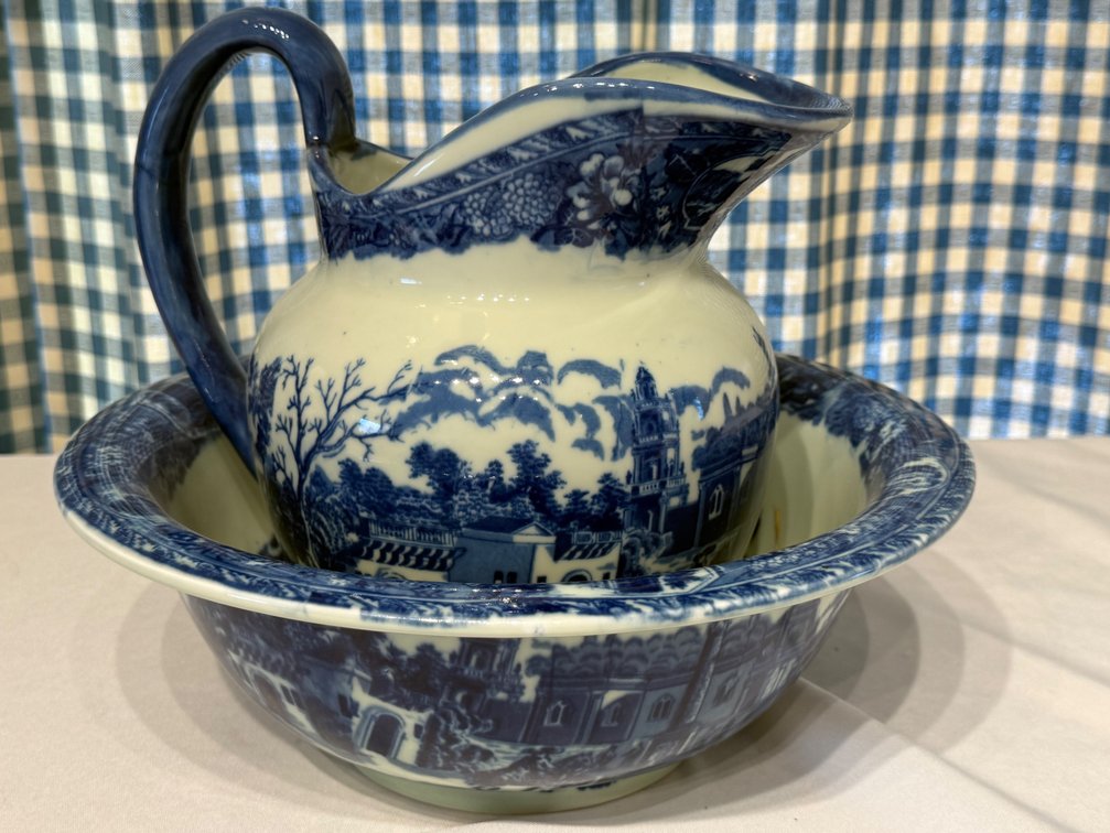 Antique English Blue & White Transferware Pitcher and Wash Basin Set – Victoria Ware