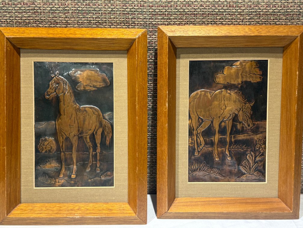 Set of 2 Framed Hand-Tooled Copper Horse Artworks