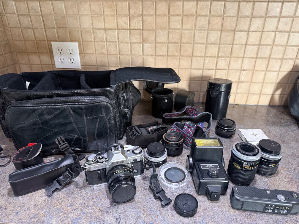 Vintage Canon AE-1 35mm Film Camera with Lenses, Flash & Accessories – Large Photography Collection