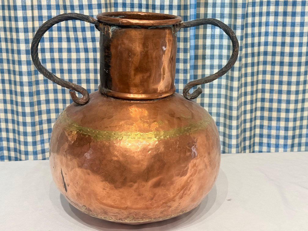 Antique Hand-Hammered Copper Pot with Wrought Iron Handles – 17”