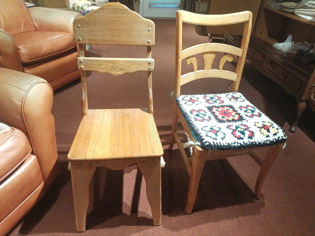 Two Vintage Wooden Chairs – One with Crocheted Seat Cover