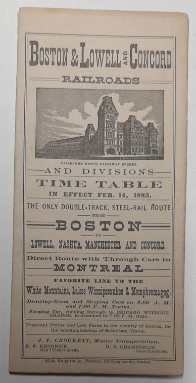 Boston Lowell & Concord Railroad Timetable 1883