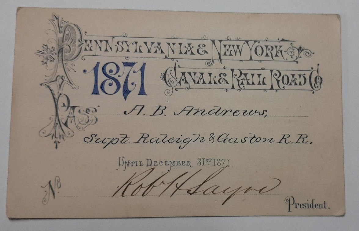 Pennsylvania & New York Canal & Railroad Pass 1871