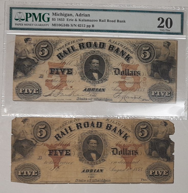 2 Adrian Michigan Railroad Bank 5$ Notes, 1 PMG cert.