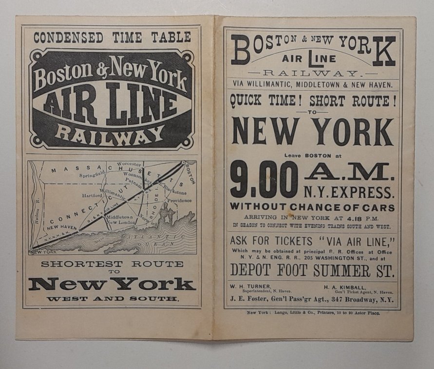 Boston & New York Air Line Railway Timetable 1876?