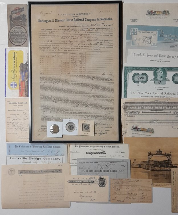 Railroad Ephemera including Stocks, Receipts, Tokens