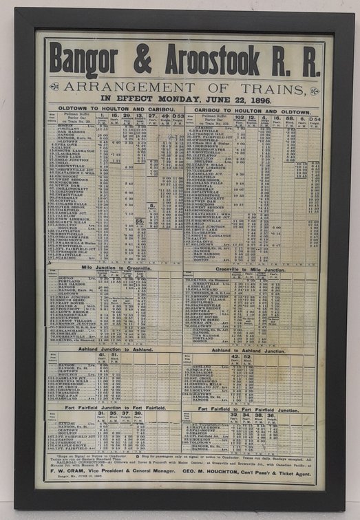Framed 1896 repro Bangor & Aroostook RR Depot Timetable