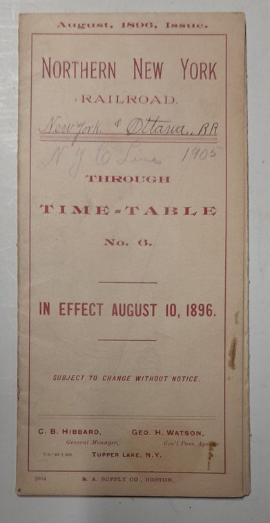 Northern New York Railroad Timetable 1896