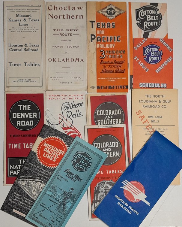 13 Railroad Timetables: MKT, T&P Choctaw, KCS, etc