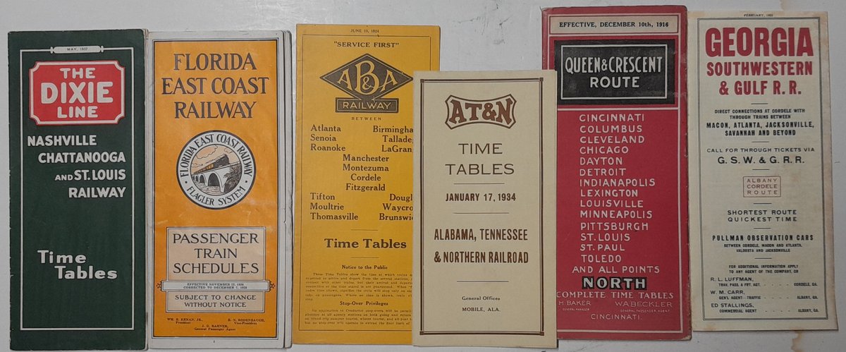6 Railroad Timetables US South: NC&StL, FEC, ABA, AT&N +
