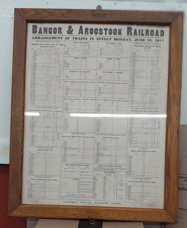 Framed 1917 Bangor & Aroostook Railroad Depot Timetable