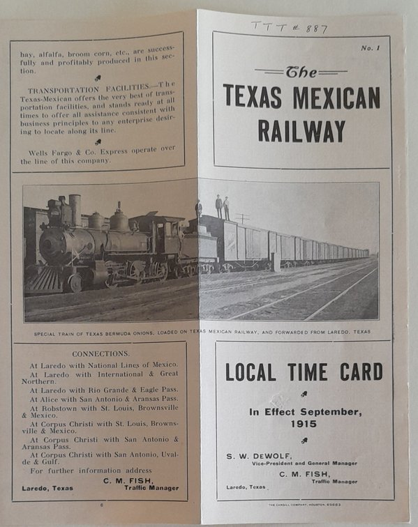 Texas Mexican Railroad Timetable #1, Sept., 1915