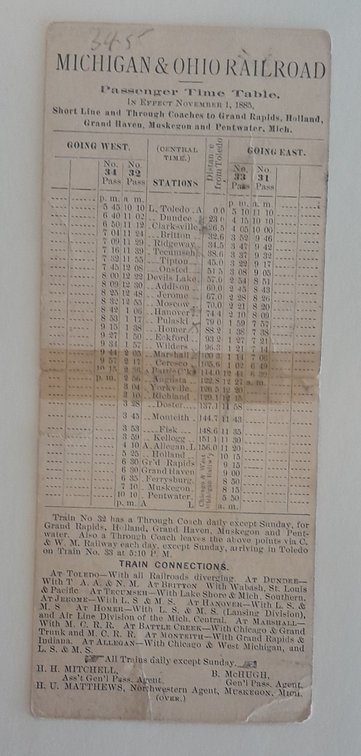 Michigan & Ohio Railroad Timetable 1885