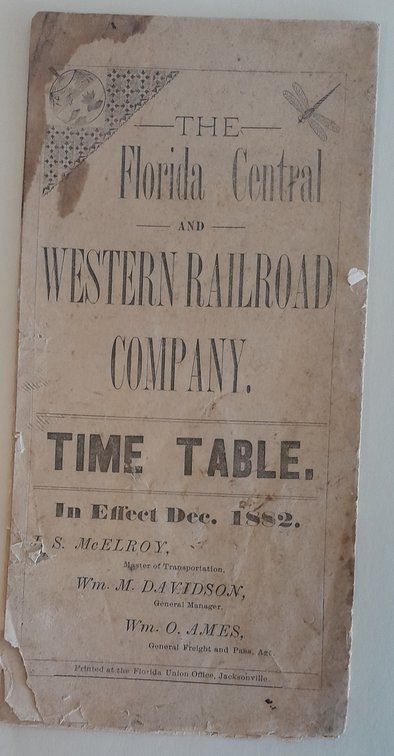 Florida Central & Western Railroad Timetable 1882