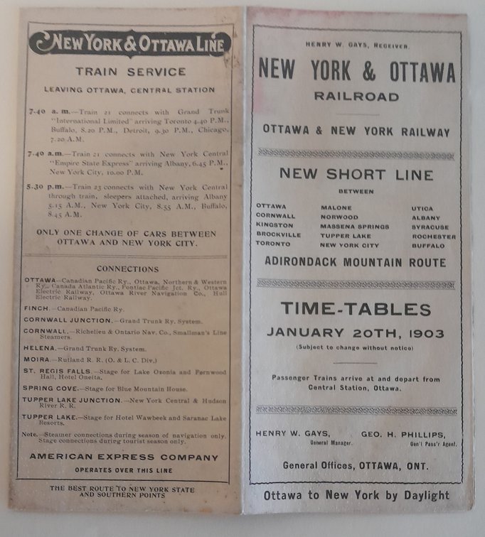 New York & Ottawa Railroad Timetable 1903