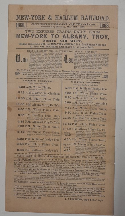 New York & Harlem Railroad Timetable 1868