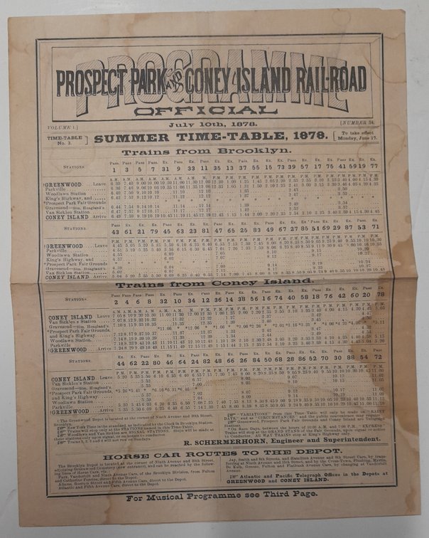 Prospect Park & Coney Island Railroad Timetable 1879