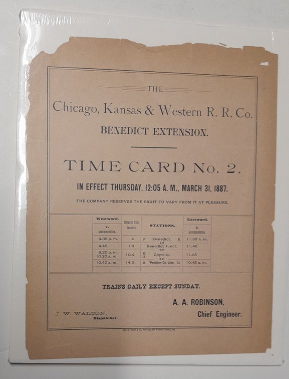 Chicago Kansas & Western Railroad Co Timetable 1887