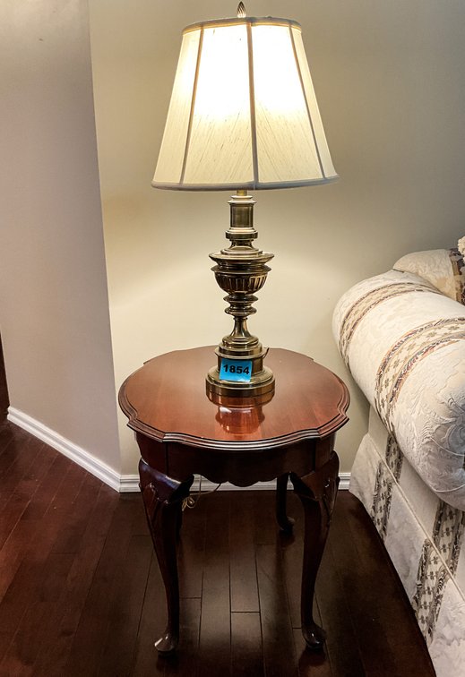 Pair Of Brass Style Lamps W/ Matching Lamp Tables & Glass Top & Queen Style Coffee Table