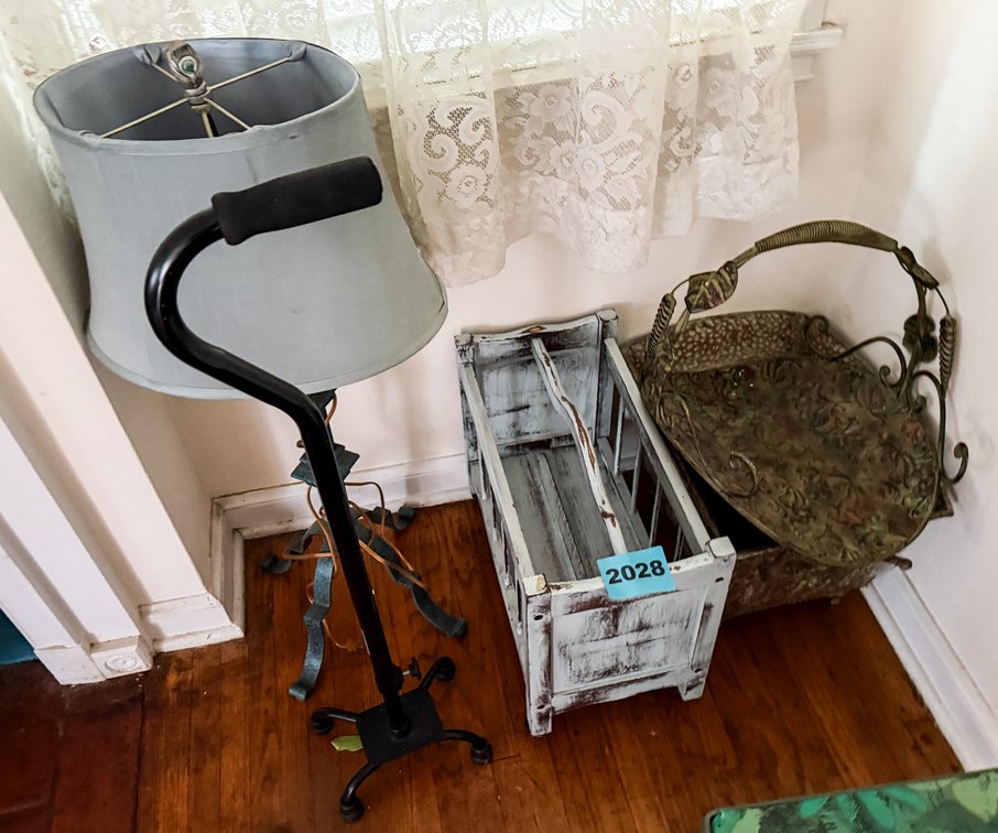 Asst. Lot In Corner Magazine Rack Lamp, Cone, Etc.