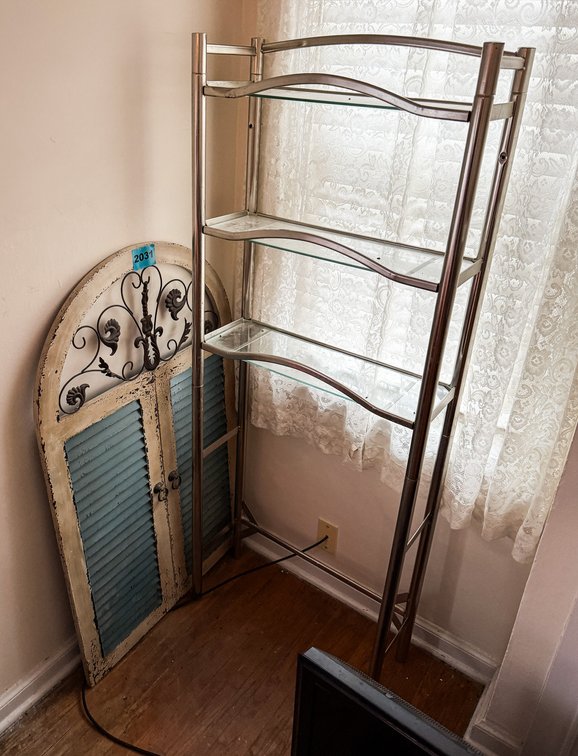 Metal Rack W/ Glass Shelves & Wall Art 