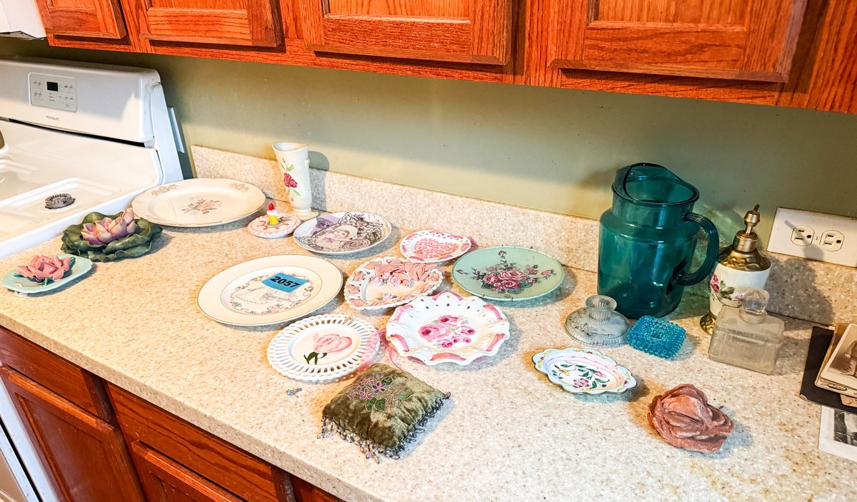 Asst. Lot On Kitchen Counter Plates Vases, Rose Rock, Etc.