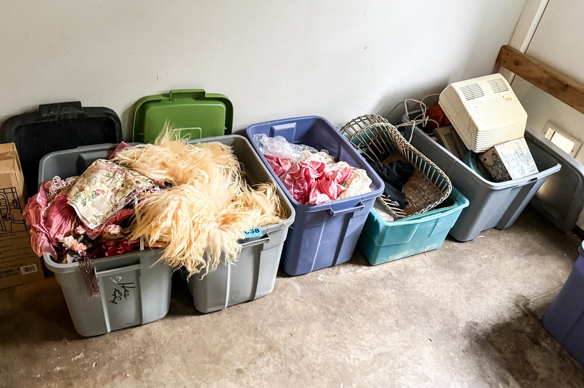 5 Totes Of Asst. Contents - Fabric, Picture Frames, Etc.\