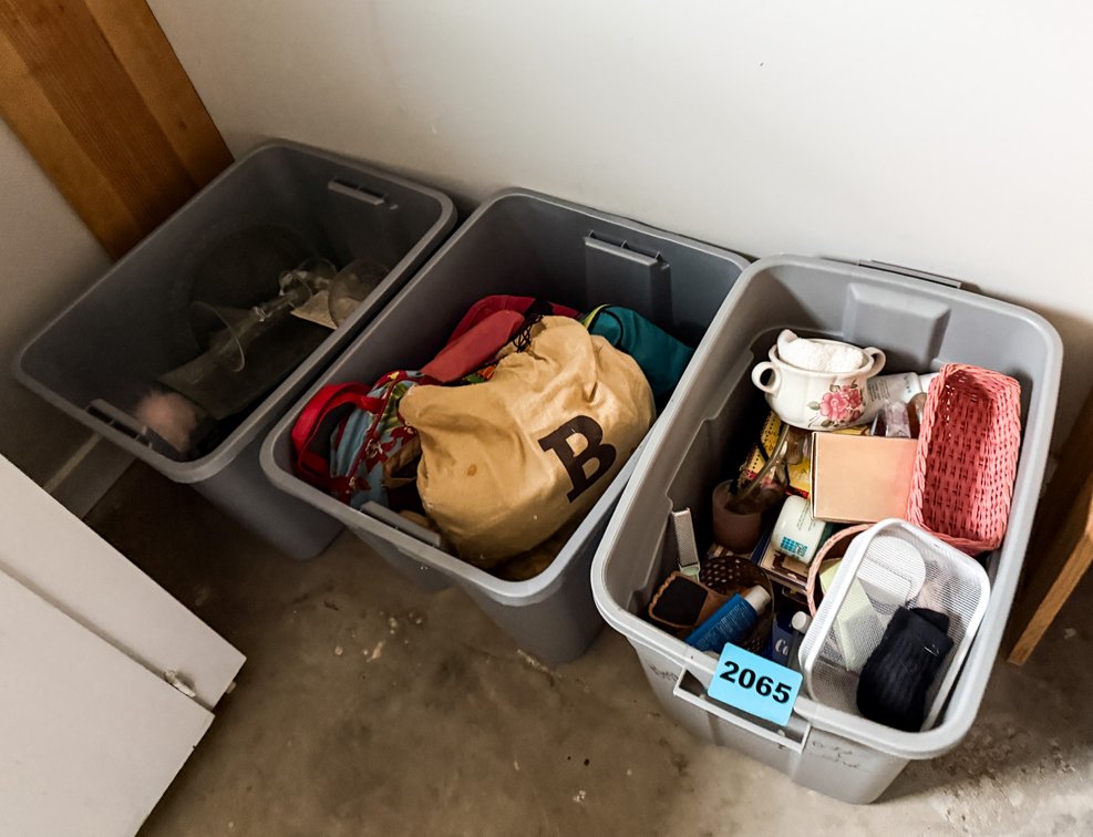 3 Totes & Contents - Purses, Bathroom Supplies, Books, Etc.