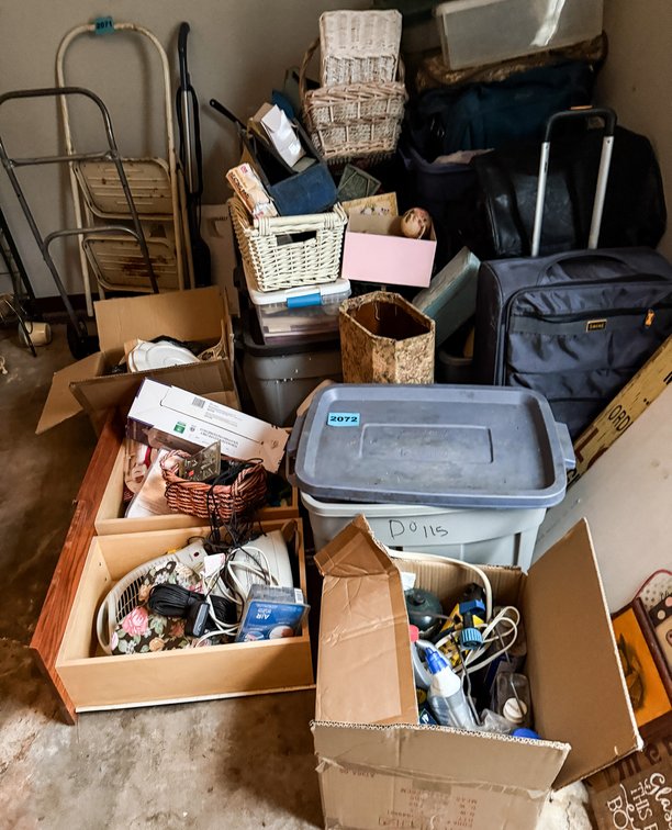 Asst. Totes & Boxes Of Contents, Baskets, Heaters, Dishes, Fabric, Books Etc.