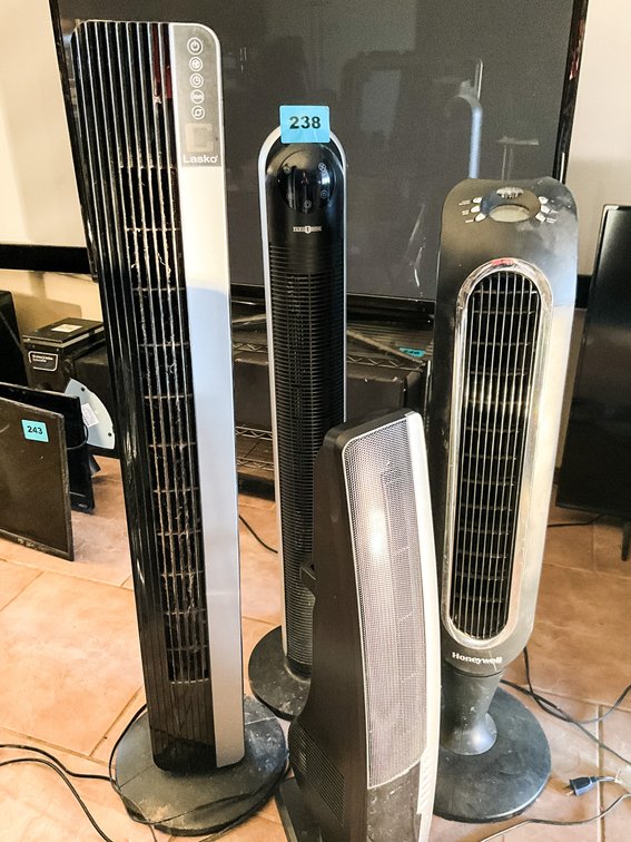 4 Vertical Fans - 2 Lasko, 1 Honeywell, 1 Paris Phone