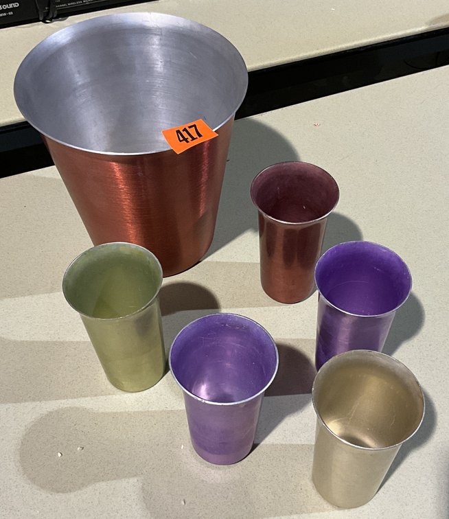 6 Pc Vintage Color Craft Glasses W/ Pitcher Alum.
