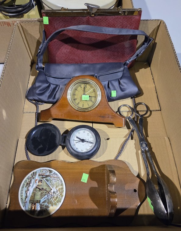 Vintage Film Projectors W/ Metal Can Storage, Vintage Purses, & Clocks