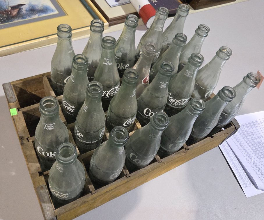 2 Glass Coke, 1 Big Red Pop Bottles, W/ Wood Coke Case