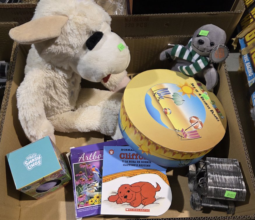 Box Of Lamp Chops, Pinata Sams, & Clifford Red Box Of Vintage Star Wars, Razor Crest, 20/2 International Toy