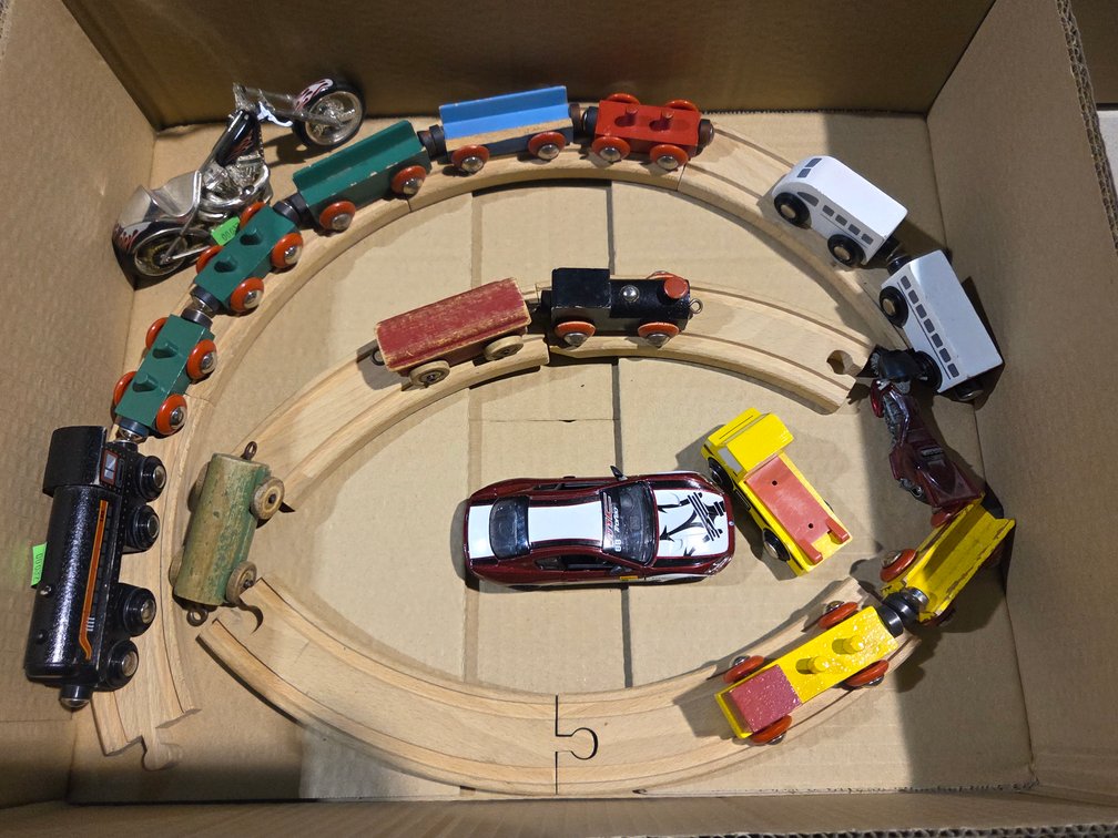 Box Of Wooden Trains & Wooden Cars