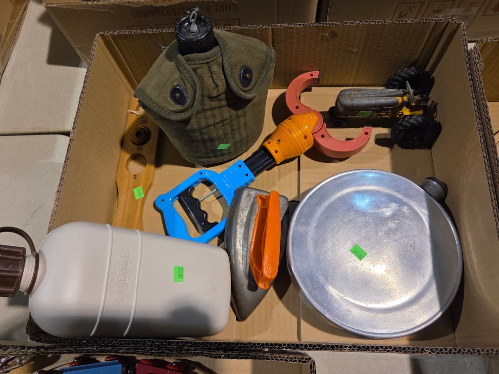 Box Of Vintage Tractors, Alum Canteen, Vintage Kids Iron