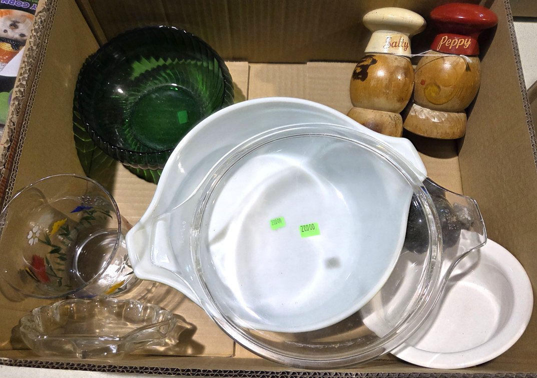 Box Asst. Bowls, Salt & Pepper Shaker, Owl Paper Weights, Box Of Doilies