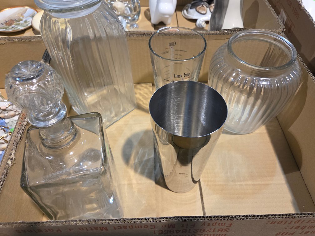Glass Canisters & Box Of Ceramic Kids & Animals