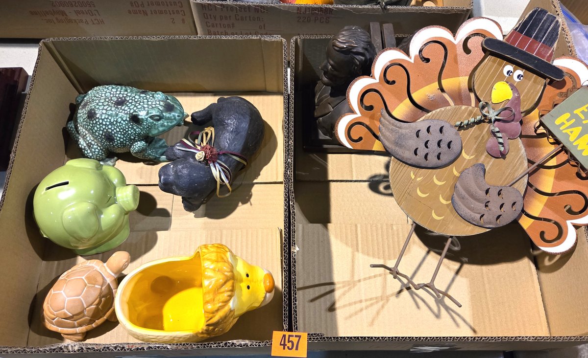 2 Boxes Honest Abe Book Ends, Metal Standing Turkey, & Ceramic Animals