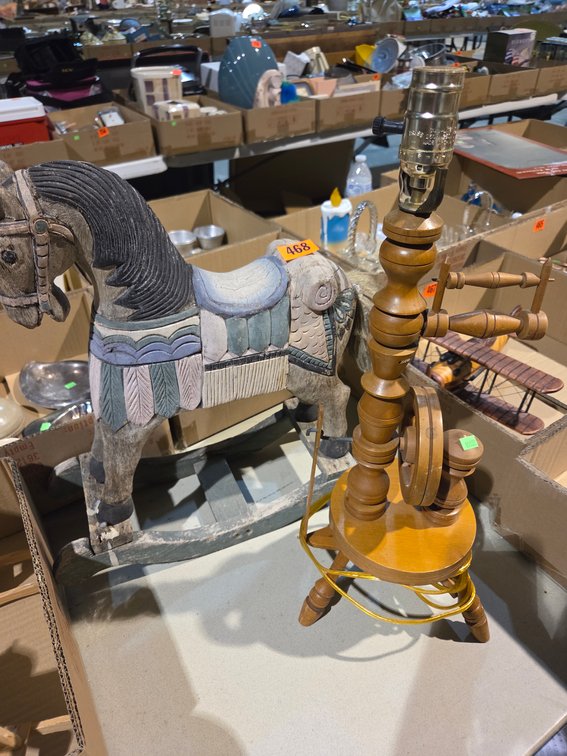 Wooden Craved Rocking Horse & Wooden Lamp