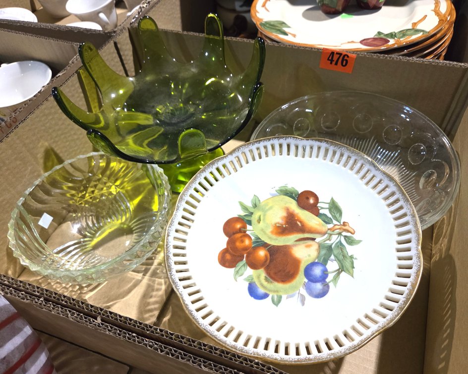 Asst. Glass Vases, Pitcher, Cups & Saucer, Asst. Cake Dishes & Bowls