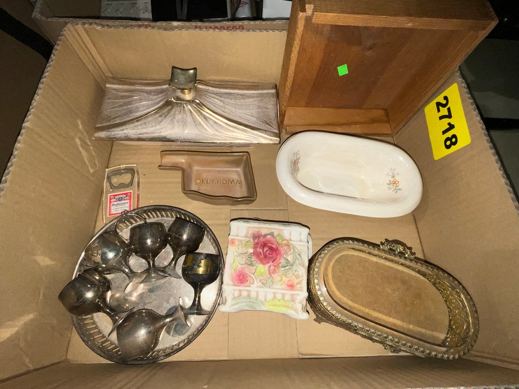 4 Misc. Glass Pieces, 1 Brass Tray And Mini Cups