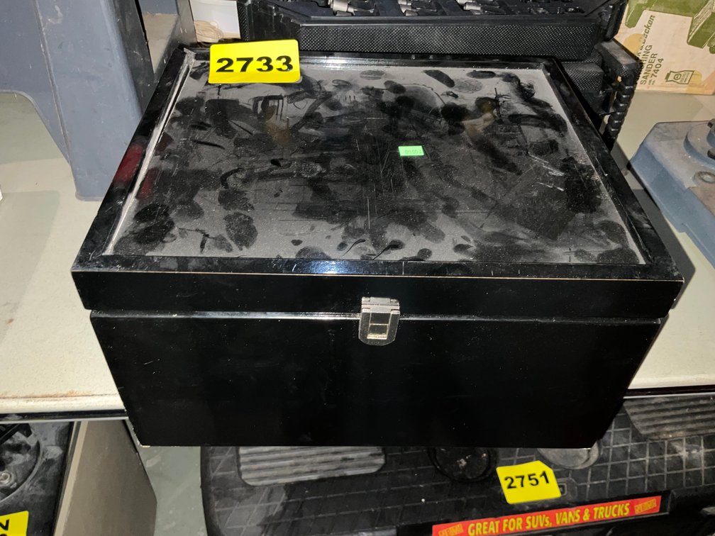 Black Wooden Meguiars Box With Misc. Screwdrivers, Scissors, & Rachets