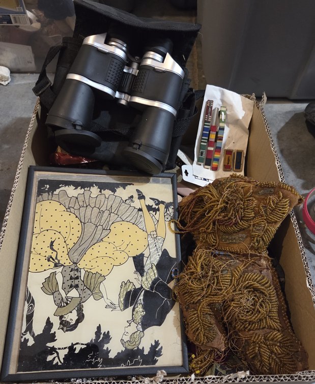 Box and Contents, Beaded Doll, Rhinestone Jewelry, Etc.